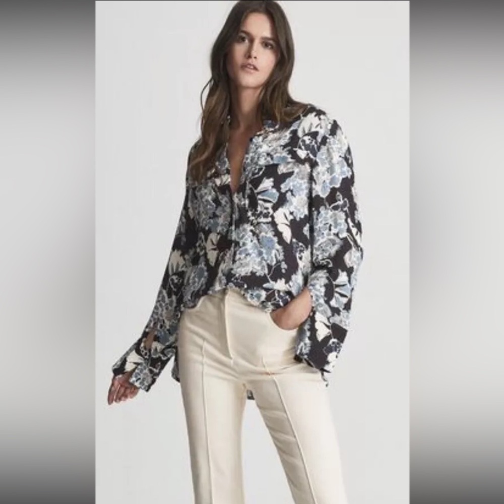 REISS MIKA FLORAL PRINT BLOUSE BUTTON SHIRT NAVY BLUE Sz 4 NEW